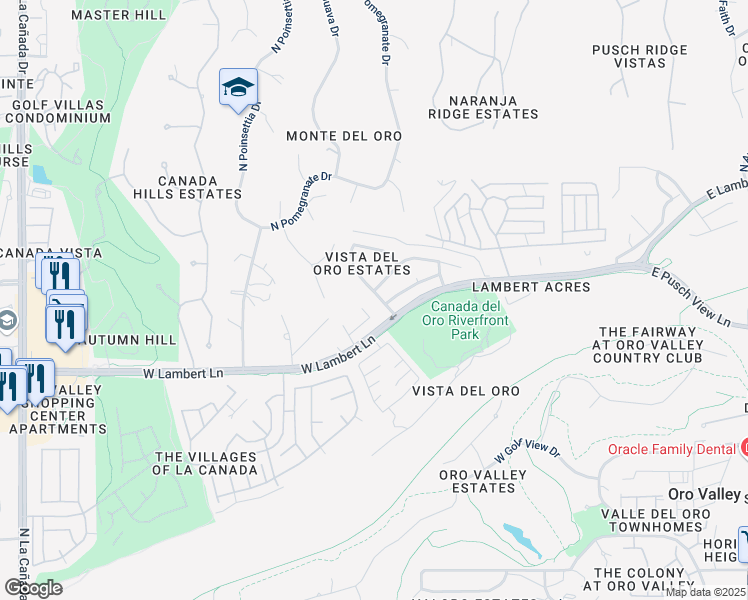 map of restaurants, bars, coffee shops, grocery stores, and more near 10543 North Camino Rosas Nuevas in Oro Valley