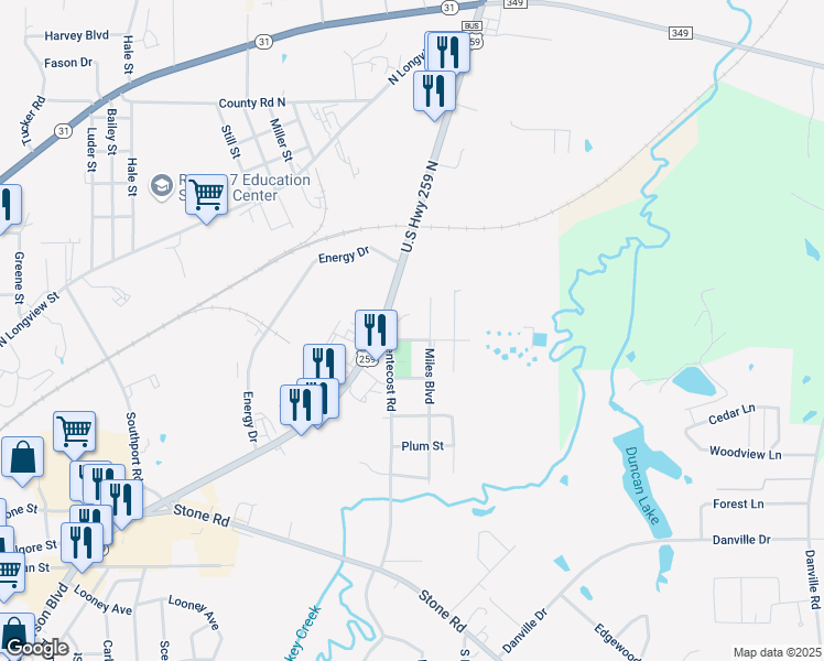 map of restaurants, bars, coffee shops, grocery stores, and more near 1802 Neal Street in Kilgore