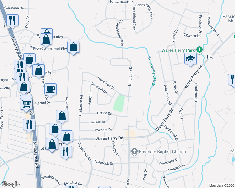map of restaurants, bars, coffee shops, grocery stores, and more near 5785-5789 Hyde Park Drive in Montgomery