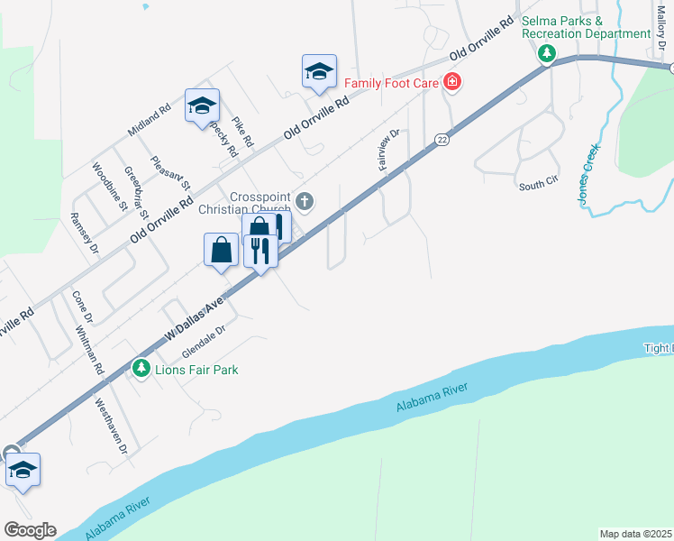 map of restaurants, bars, coffee shops, grocery stores, and more near 232 Merrimac Circle in Selma