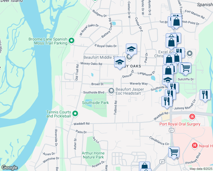 map of restaurants, bars, coffee shops, grocery stores, and more near 2664 Broad Street in Beaufort