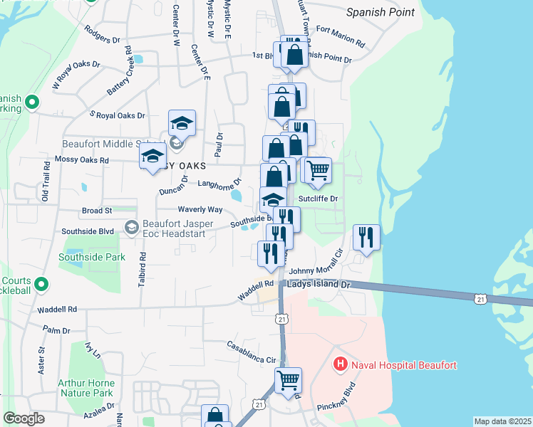 map of restaurants, bars, coffee shops, grocery stores, and more near 1360 Ribaut Road in Port Royal