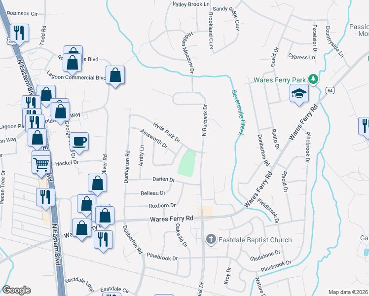 map of restaurants, bars, coffee shops, grocery stores, and more near 5785-5789 Hyde Park Drive in Montgomery