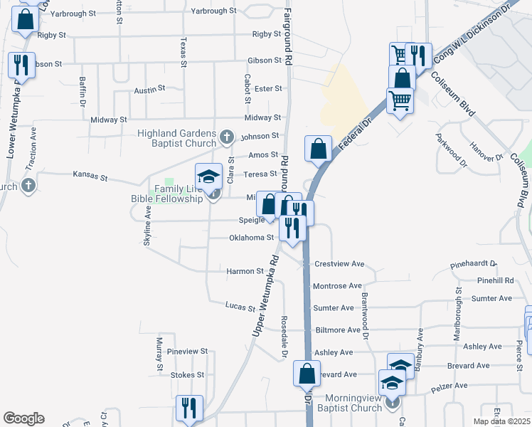 map of restaurants, bars, coffee shops, grocery stores, and more near 2074 Miller Street in Montgomery
