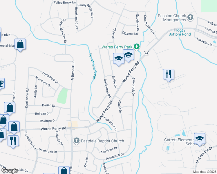 map of restaurants, bars, coffee shops, grocery stores, and more near 1412 Dunbarton Road in Montgomery