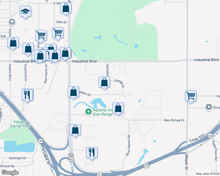 map of restaurants, bars, coffee shops, grocery stores, and more near 1017 Energy Drive in Abilene