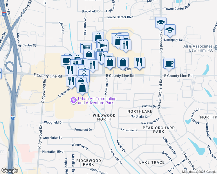map of restaurants, bars, coffee shops, grocery stores, and more near 6259 Mossline Dr in Jackson