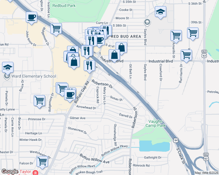 map of restaurants, bars, coffee shops, grocery stores, and more near 2710 Robertson Drive in Abilene