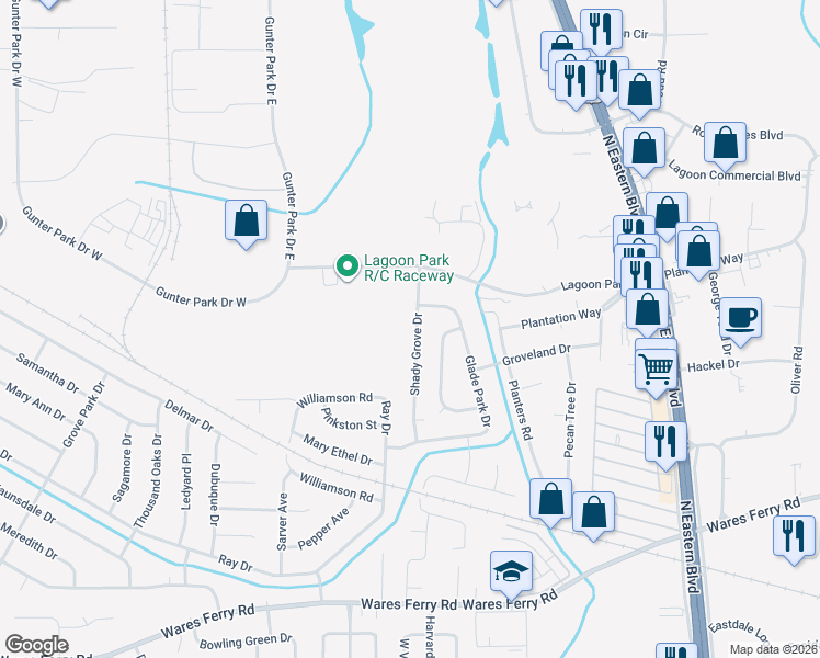 map of restaurants, bars, coffee shops, grocery stores, and more near 576 Shady Grove Drive in Montgomery