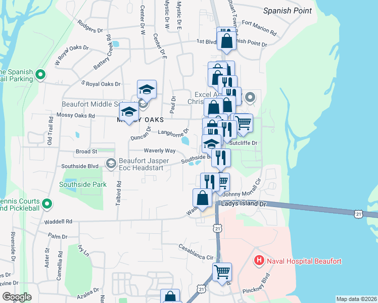 map of restaurants, bars, coffee shops, grocery stores, and more near 2213 State Road S-7-277 in Beaufort
