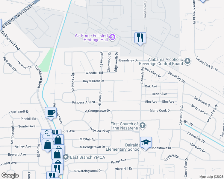 map of restaurants, bars, coffee shops, grocery stores, and more near 945 Green Forest Drive in Montgomery