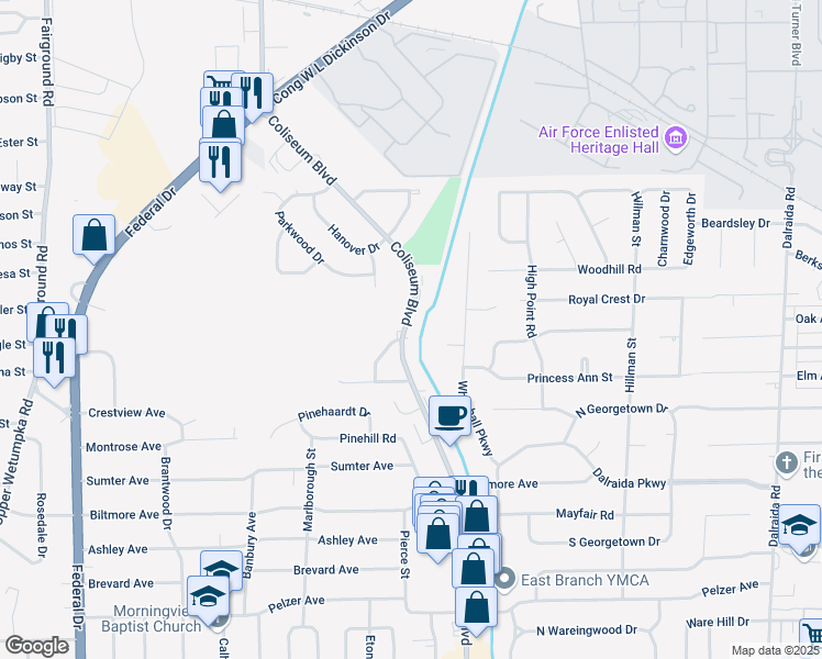 map of restaurants, bars, coffee shops, grocery stores, and more near 740 Coliseum Boulevard in Montgomery