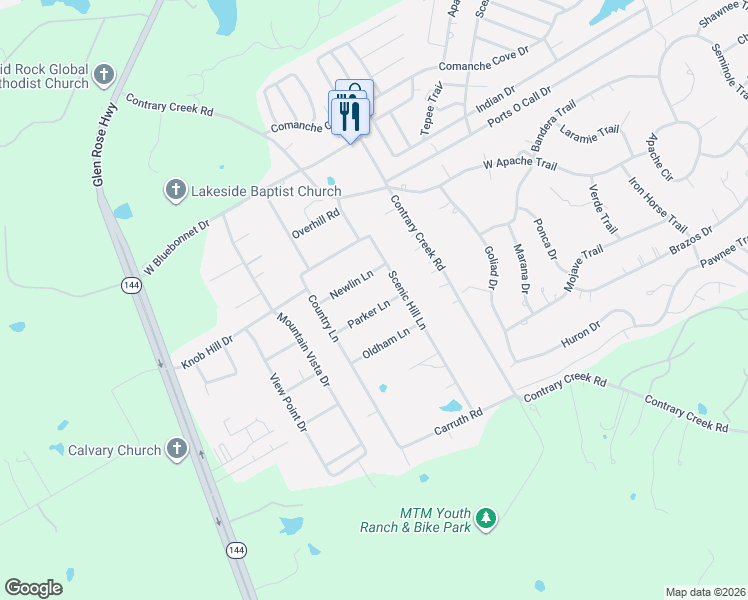 map of restaurants, bars, coffee shops, grocery stores, and more near 622 Parker Lane in Granbury