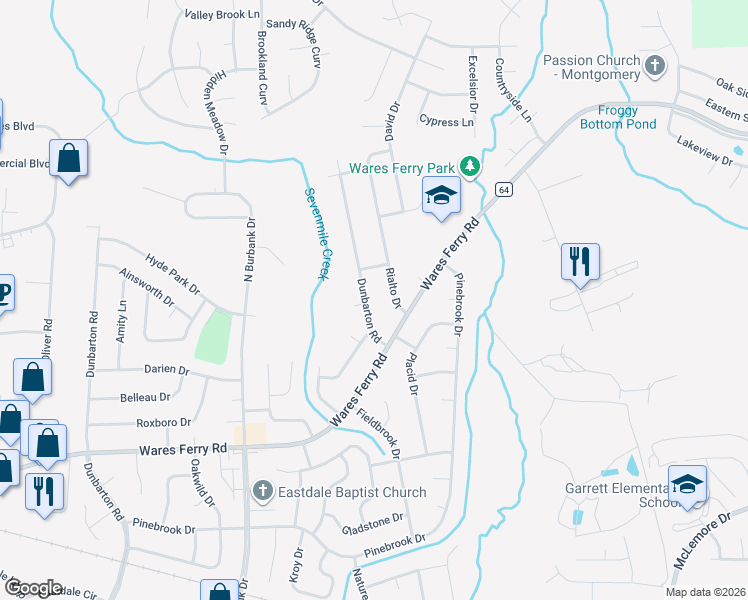 map of restaurants, bars, coffee shops, grocery stores, and more near 1412 Dunbarton Road in Montgomery