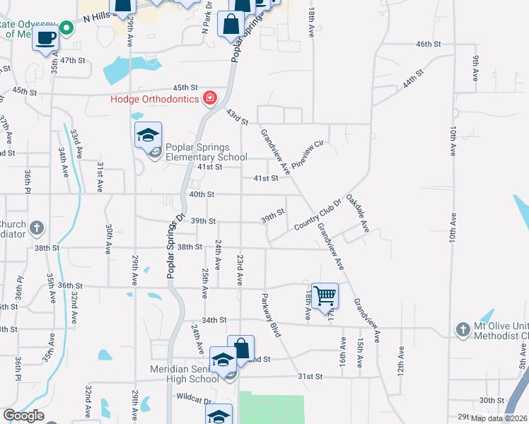 map of restaurants, bars, coffee shops, grocery stores, and more near 2021 40th Street in Meridian