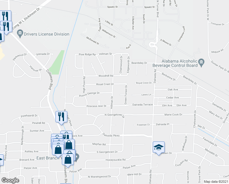 map of restaurants, bars, coffee shops, grocery stores, and more near 936 Hillman Street in Montgomery