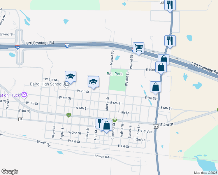 map of restaurants, bars, coffee shops, grocery stores, and more near Market Street in Baird