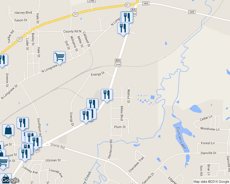 map of restaurants, bars, coffee shops, grocery stores, and more near 1802 Neal St in Kilgore