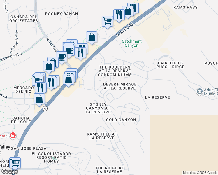map of restaurants, bars, coffee shops, grocery stores, and more near 1469 East Desert Starling Lane in Tucson