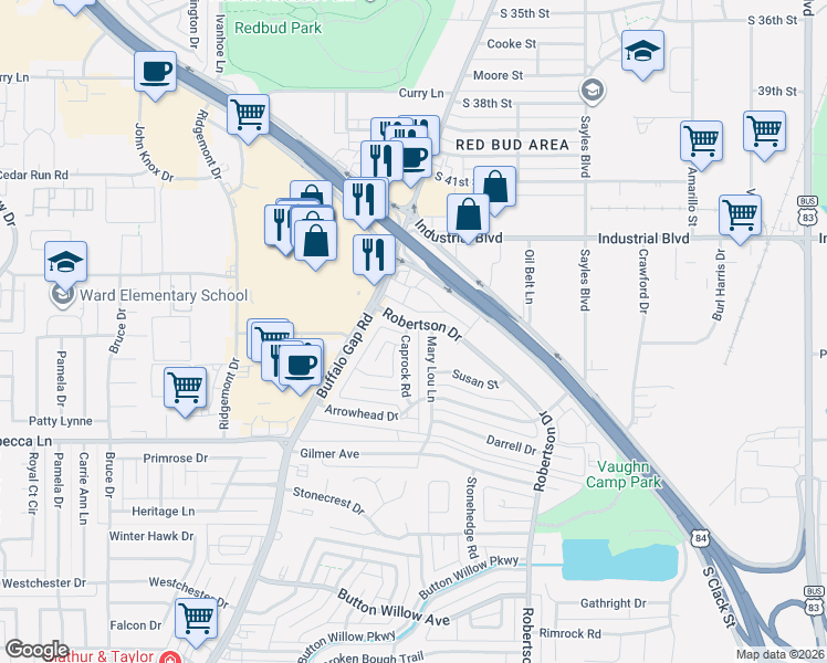 map of restaurants, bars, coffee shops, grocery stores, and more near 2834 Robertson Drive in Abilene