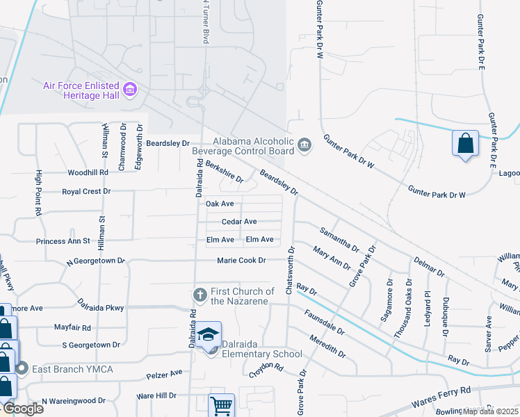 map of restaurants, bars, coffee shops, grocery stores, and more near 3932 Oak Avenue in Montgomery