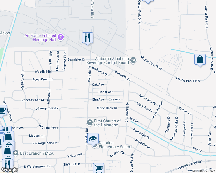 map of restaurants, bars, coffee shops, grocery stores, and more near 3848 Oak Avenue in Montgomery