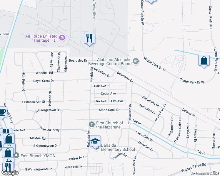 map of restaurants, bars, coffee shops, grocery stores, and more near 3848 Oak Avenue in Montgomery