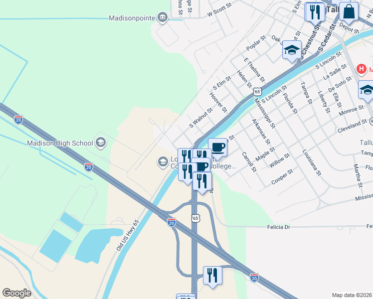 map of restaurants, bars, coffee shops, grocery stores, and more near 1401-1415 Old US Highway 65 in Tallulah