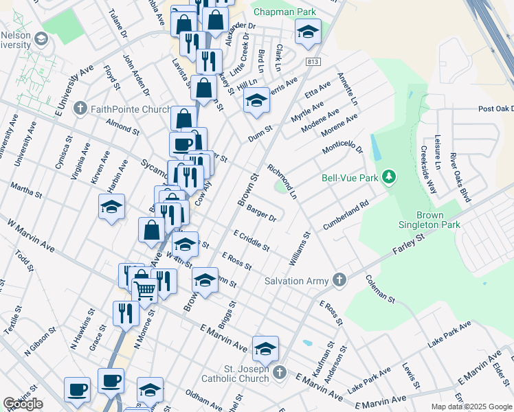 map of restaurants, bars, coffee shops, grocery stores, and more near 602 Brown Street in Waxahachie