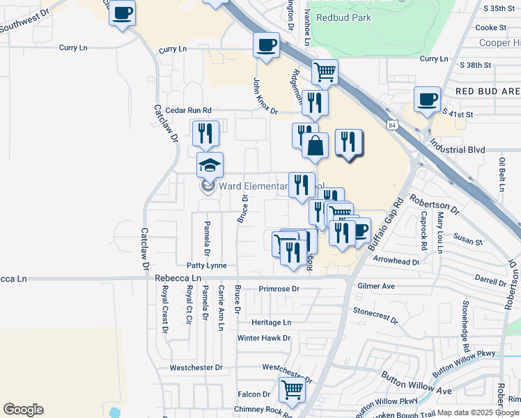 map of restaurants, bars, coffee shops, grocery stores, and more near 3526 Paintbrush Drive in Abilene