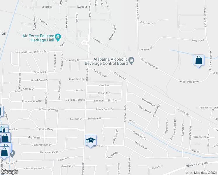 map of restaurants, bars, coffee shops, grocery stores, and more near 3912 Oak Avenue in Montgomery