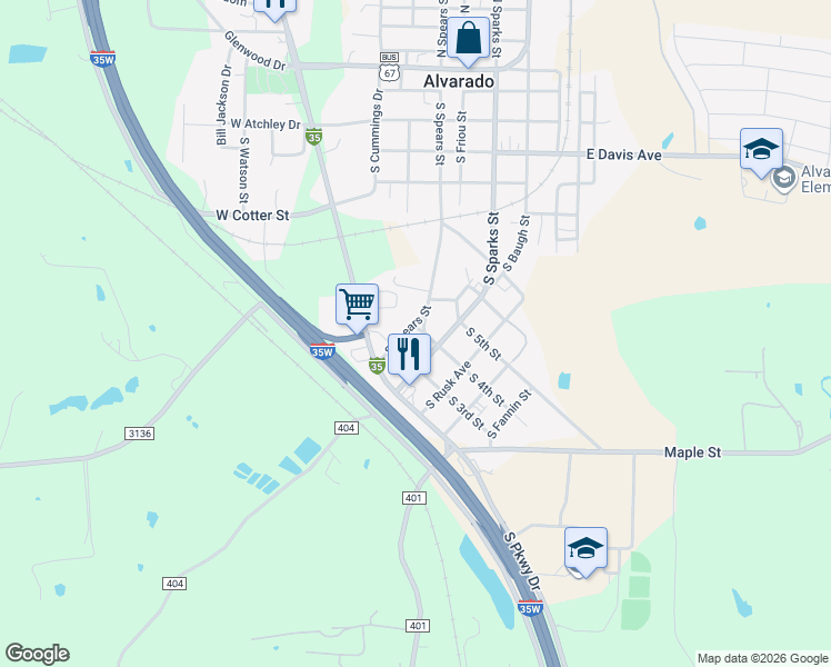 map of restaurants, bars, coffee shops, grocery stores, and more near 100 South 4th Street in Alvarado