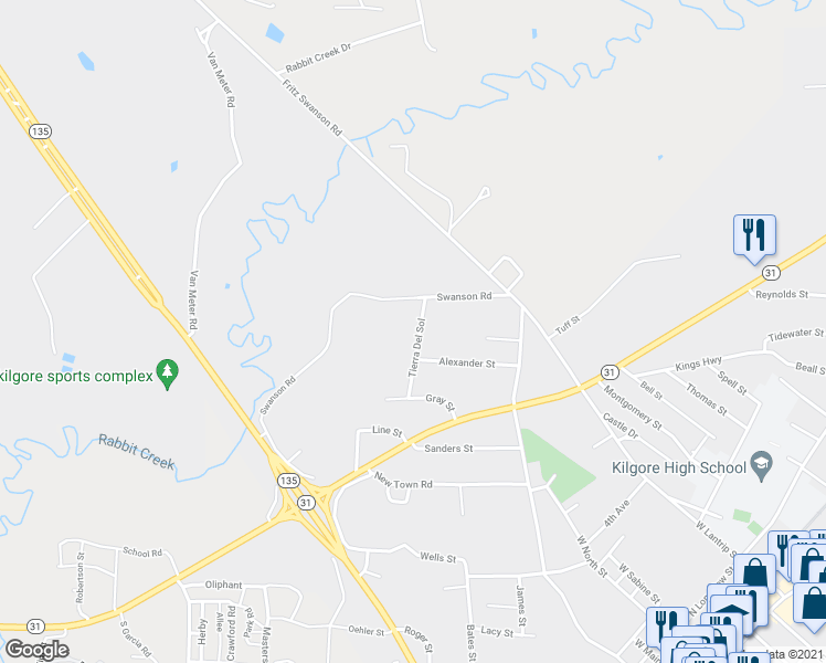 map of restaurants, bars, coffee shops, grocery stores, and more near 1807 Tierra Del Sol in Kilgore