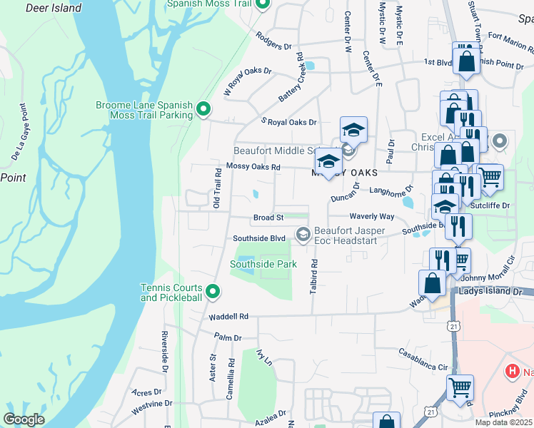 map of restaurants, bars, coffee shops, grocery stores, and more near 2681 Broad St in Beaufort