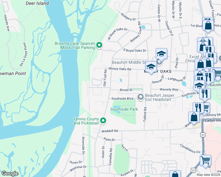 map of restaurants, bars, coffee shops, grocery stores, and more near 2702 Hanover Lane in Beaufort