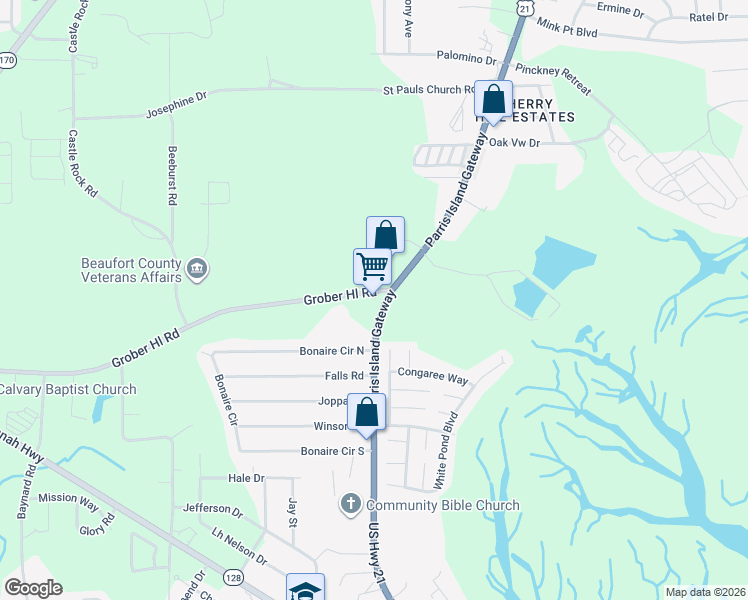 map of restaurants, bars, coffee shops, grocery stores, and more near 560 Parris Island Gateway in Beaufort