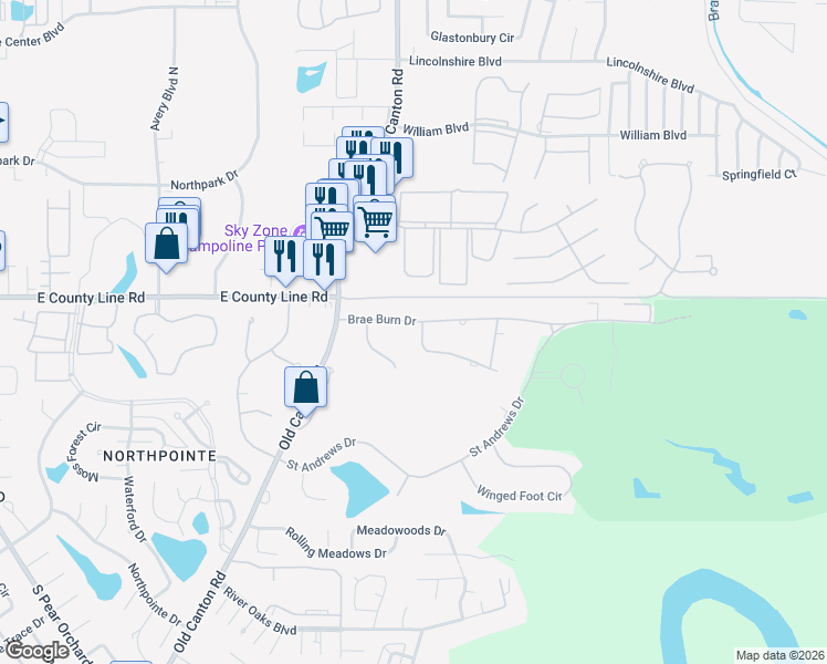 map of restaurants, bars, coffee shops, grocery stores, and more near 201 Brae Burn Drive in Jackson