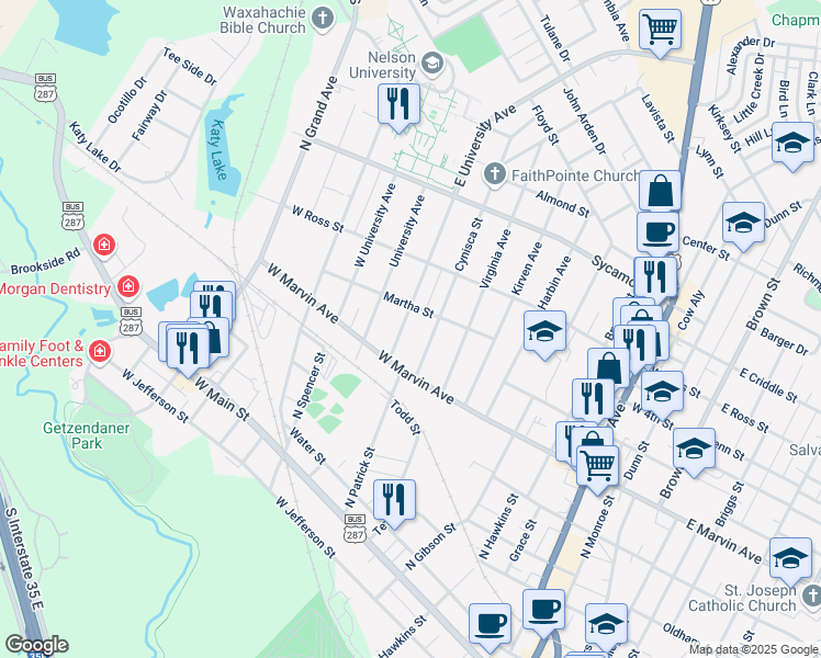 map of restaurants, bars, coffee shops, grocery stores, and more near 121 Cynisca Street in Waxahachie