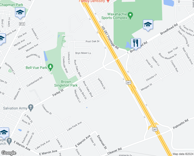 map of restaurants, bars, coffee shops, grocery stores, and more near River Oaks Boulevard in Waxahachie