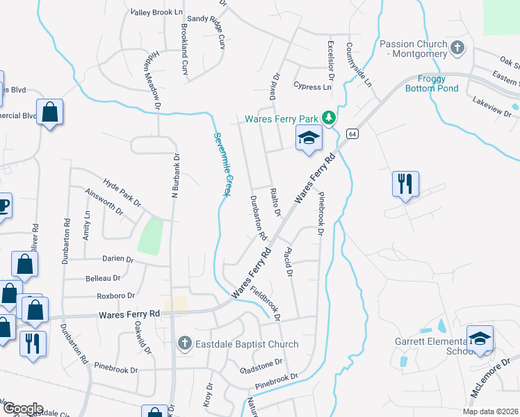 map of restaurants, bars, coffee shops, grocery stores, and more near 1412 Dunbarton Road in Montgomery