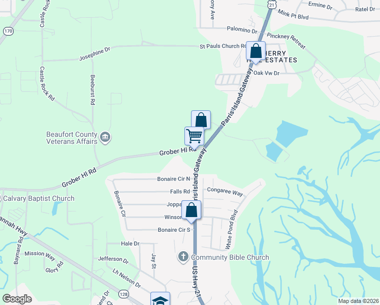 map of restaurants, bars, coffee shops, grocery stores, and more near 560 Parris Island Gateway in Beaufort