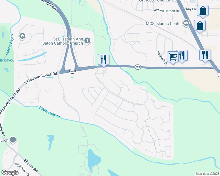 map of restaurants, bars, coffee shops, grocery stores, and more near 632 Buckhead Circle in Shreveport