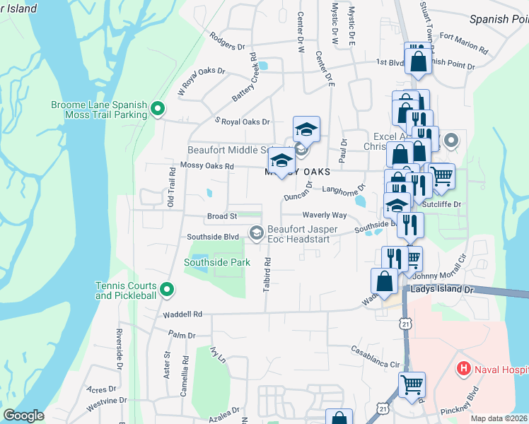 map of restaurants, bars, coffee shops, grocery stores, and more near 1309 Broad Street in Beaufort