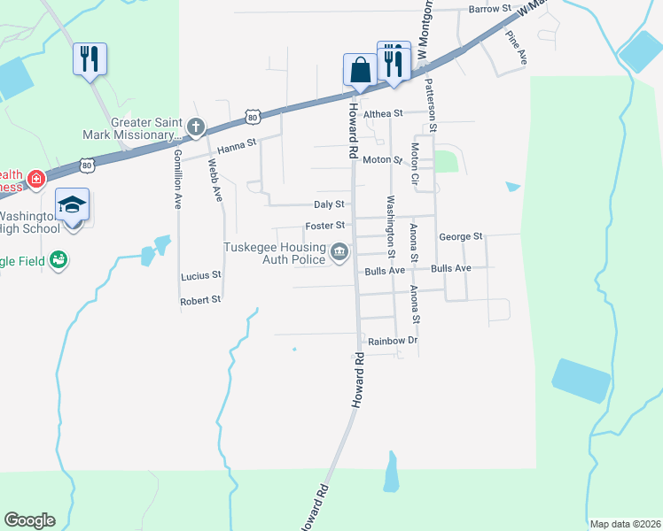 map of restaurants, bars, coffee shops, grocery stores, and more near 3099 Pruitt Court in Tuskegee