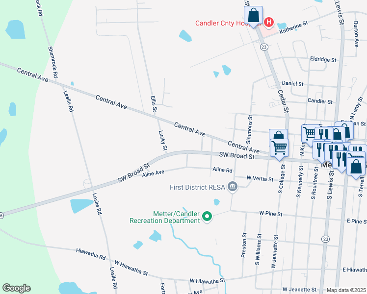 map of restaurants, bars, coffee shops, grocery stores, and more near 800 Southwest Broad Street in Metter