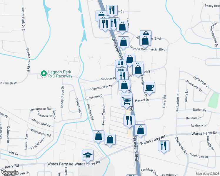 map of restaurants, bars, coffee shops, grocery stores, and more near 648 Plantation Way in Montgomery