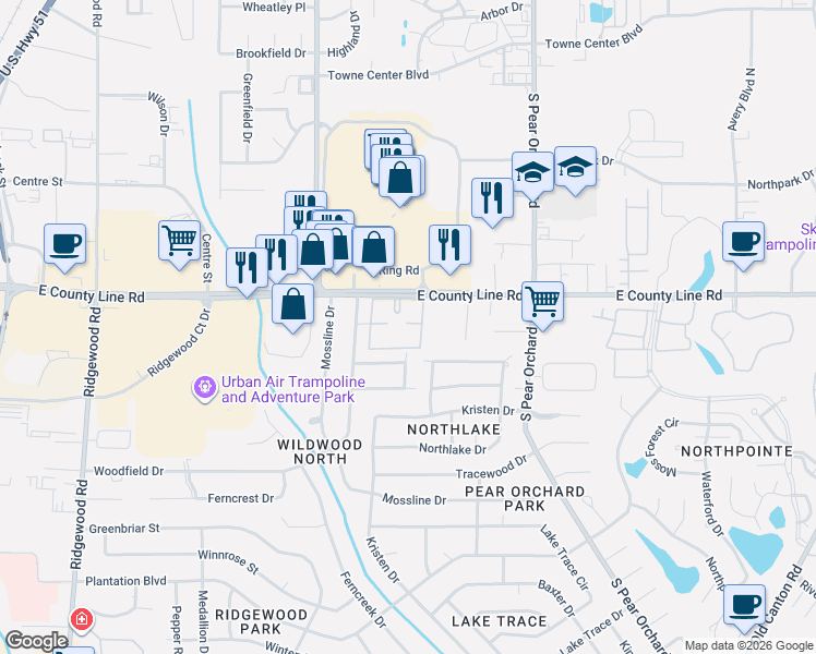 map of restaurants, bars, coffee shops, grocery stores, and more near 1255-1485 East County Line Road in Jackson