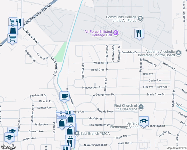 map of restaurants, bars, coffee shops, grocery stores, and more near 3535 Prince George Drive in Montgomery