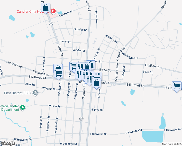 map of restaurants, bars, coffee shops, grocery stores, and more near 35 North Leroy Street in Metter