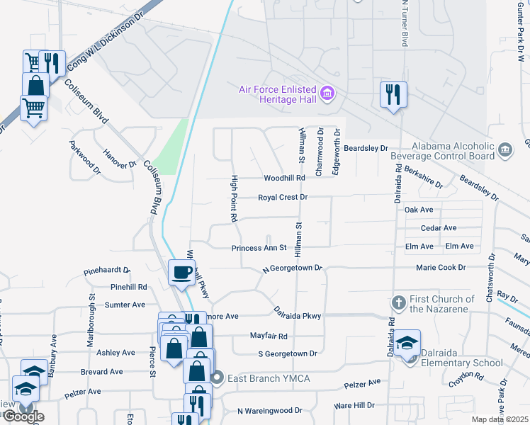 map of restaurants, bars, coffee shops, grocery stores, and more near 3535 Prince George Drive in Montgomery